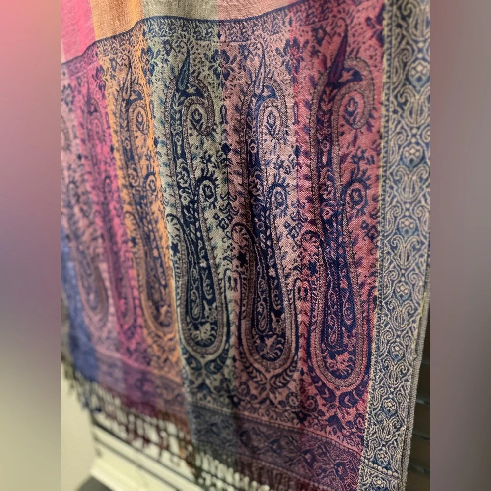 Pashmina Silk Blend Paisley Shawl Scarf Fringe Multicolor Wrap